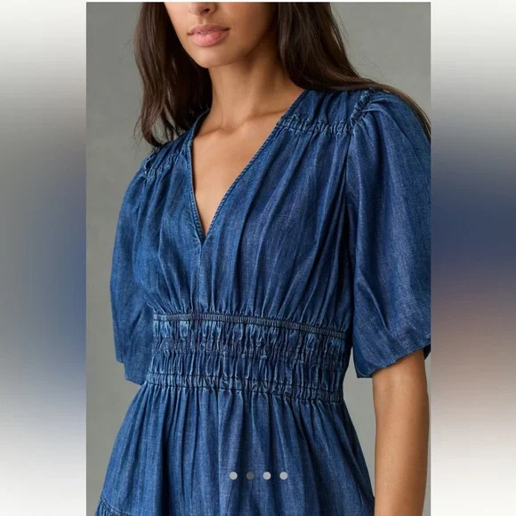 Anthropologie Smocked Puffed sleeve Denim Midi Dress - Picture 2 of 5